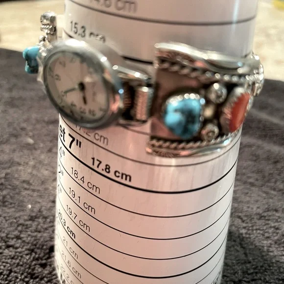 Vintage Navajo Turquoise & Coral Nugget Watchband Featuring New Watch - Picture 9 of 10